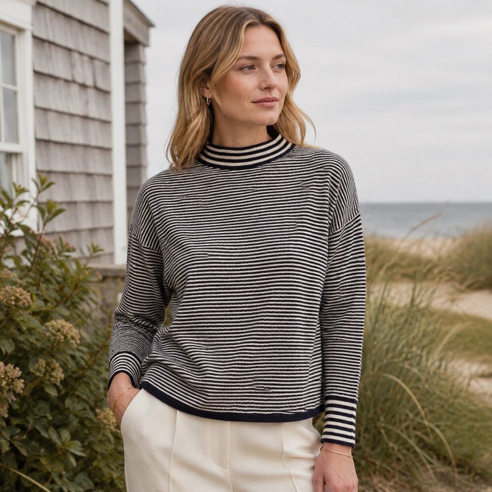 Quiet Luxury Coastal Preppy Madewell Ashbury Striped Mockneck Sweater Navy XL